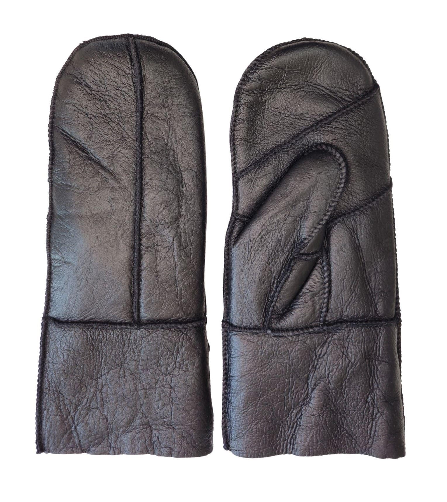 Truclothing Men's Black Wo’s Genuine Sheepskin Mittens Premium Leather Winter Gloves Shearling Wool Lining - M