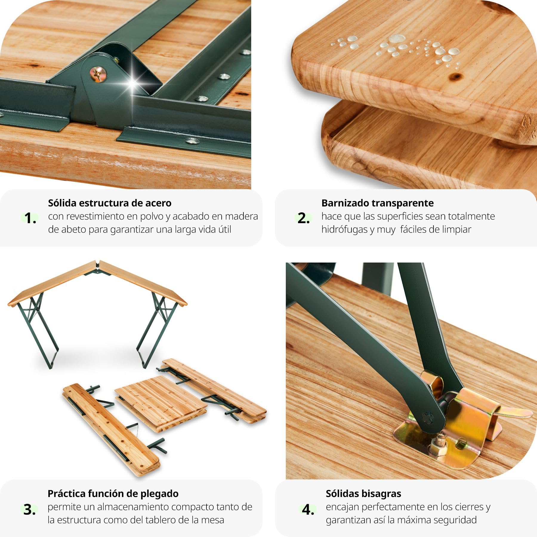 tectake® Conjunto Jardín Exterior, Mesa y 2 Bancos Madera de Abeto Barnizada, Plegables, Estables y Resistentes, Respaldo Extraíble, Fácil Almacenamiento y Transporte, Ideal Camping, Terraza, Picnic