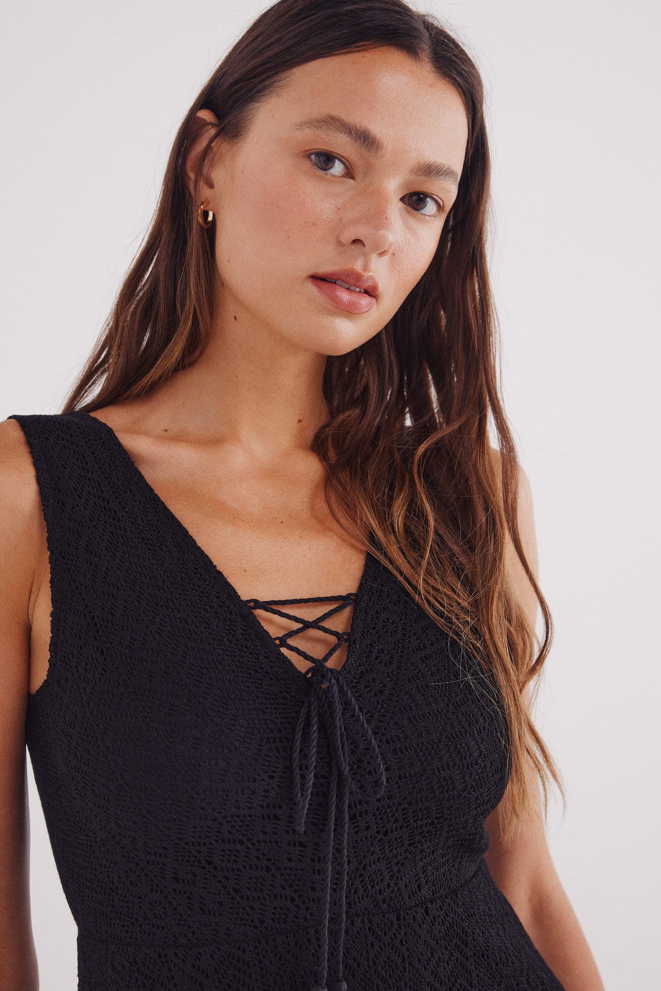 Springfield Midi Crochet Sleeve Less Black Dress with V Neck Abito con Scollo A V Donna