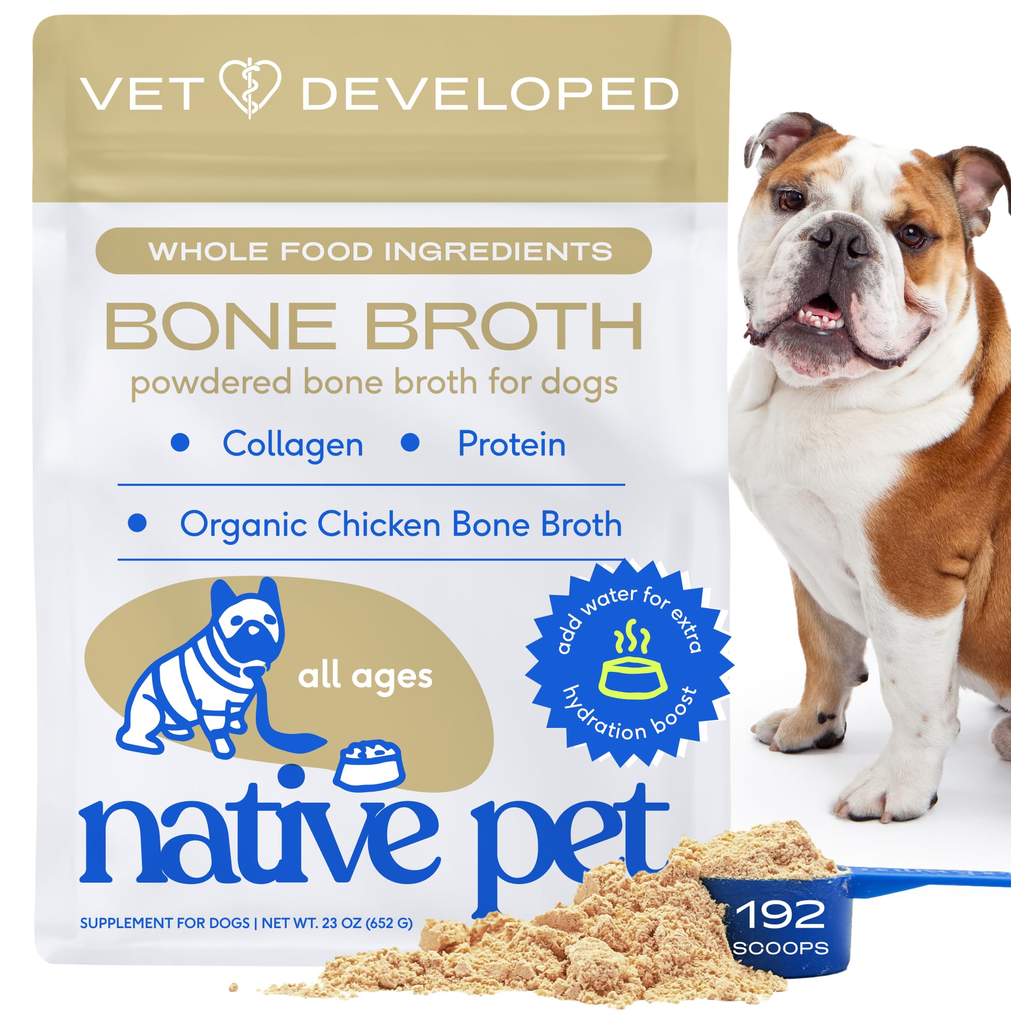 Native Pet Bone Broth for Dogs and Cats - Chicken Bone Broth Powder Dog Food Toppers for Picky Eaters - Provides Extra Nutrition for Joint Strength, Immune Support & Heart Health - 192 ScoopsUSDA Organic