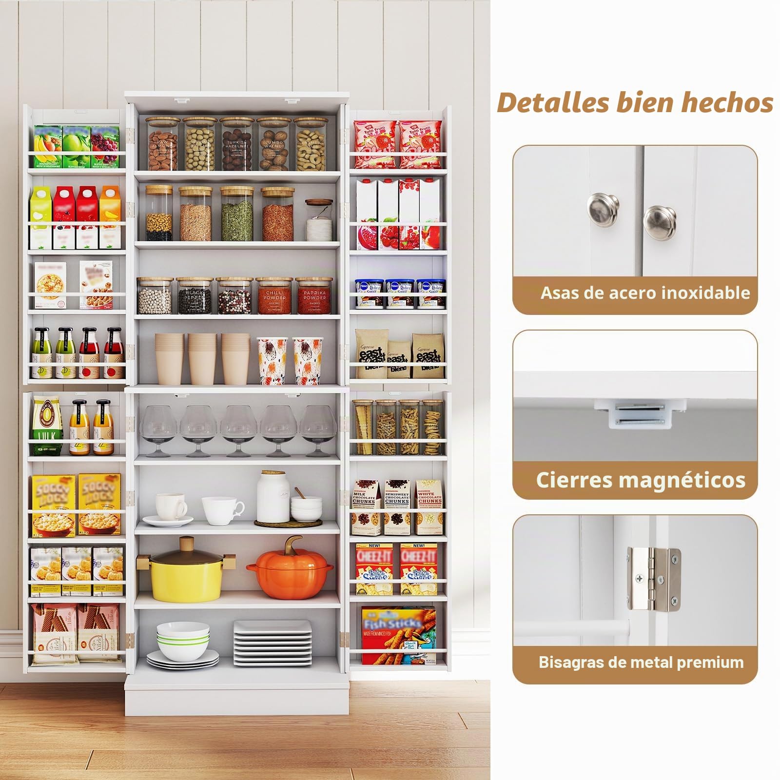KOMFOTTEU Aparador de Cocina con 4 Puertas, Armario Despensa de 8 Niveles con Estantes Ajustables, Mueble de Almacenamiento con Kit Antivuelco para Sala de Estar, Comedor, 60 x 35 x 166,5 cm