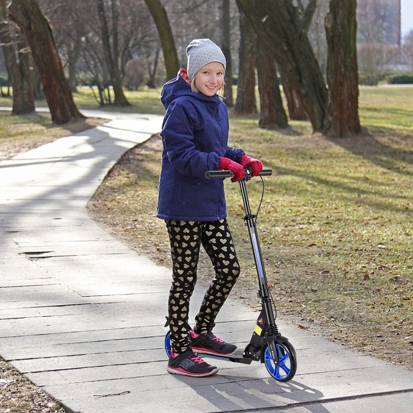 KOMFOTTEU Patinete Plegable con 2 Ruedas con Freno, Scooter con 3 Alturas Regulables, Patinete Infantil con Carga 100 kg, Monopatín con Timbre y Correa, para Niños 8+ y Adultos