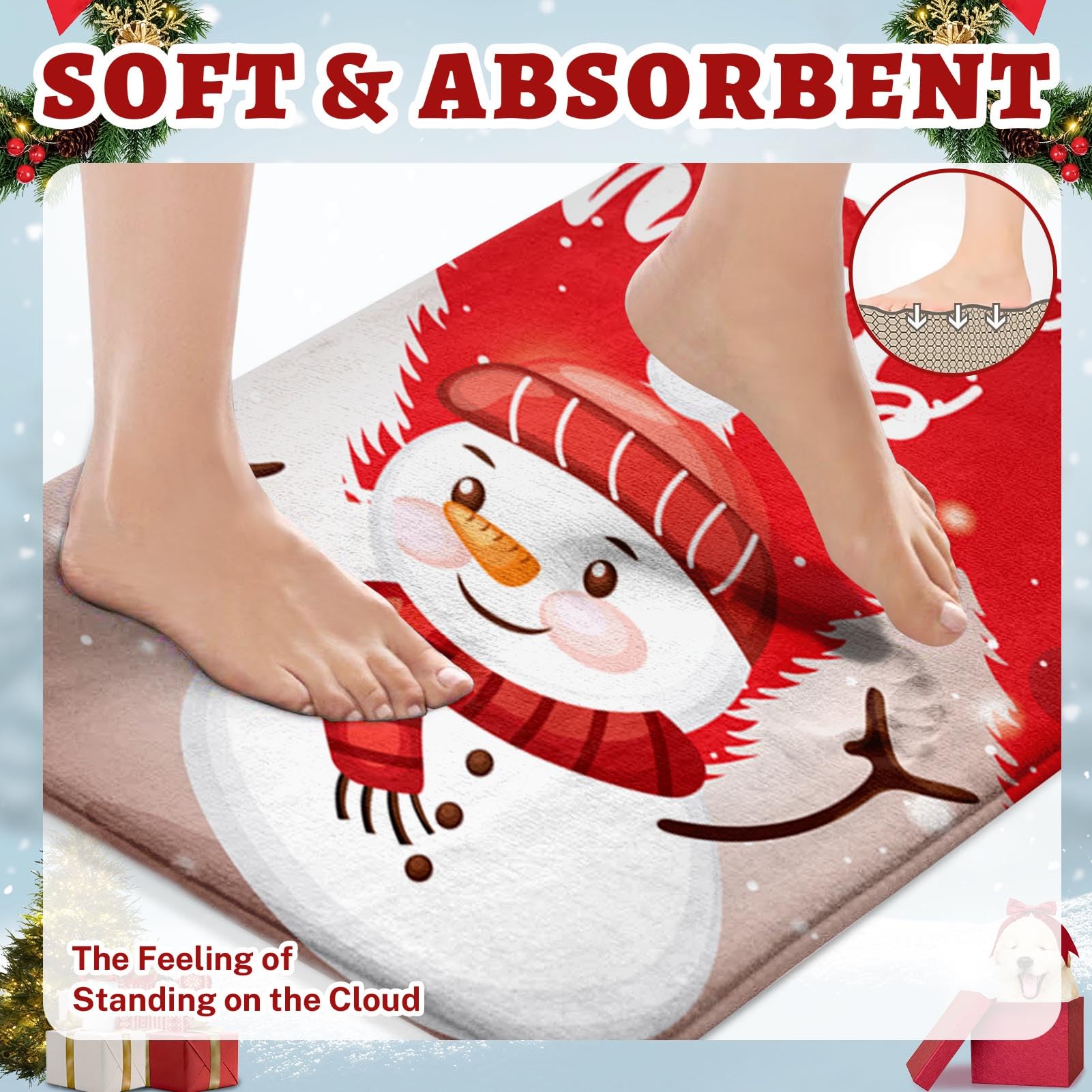 ArtSocket Lot de 3 tapis de salle de bain de Noël antidérapants en mousse à mémoire de forme, en microfibre absorbant - Motif bonhomme de neige - Lavable en machine