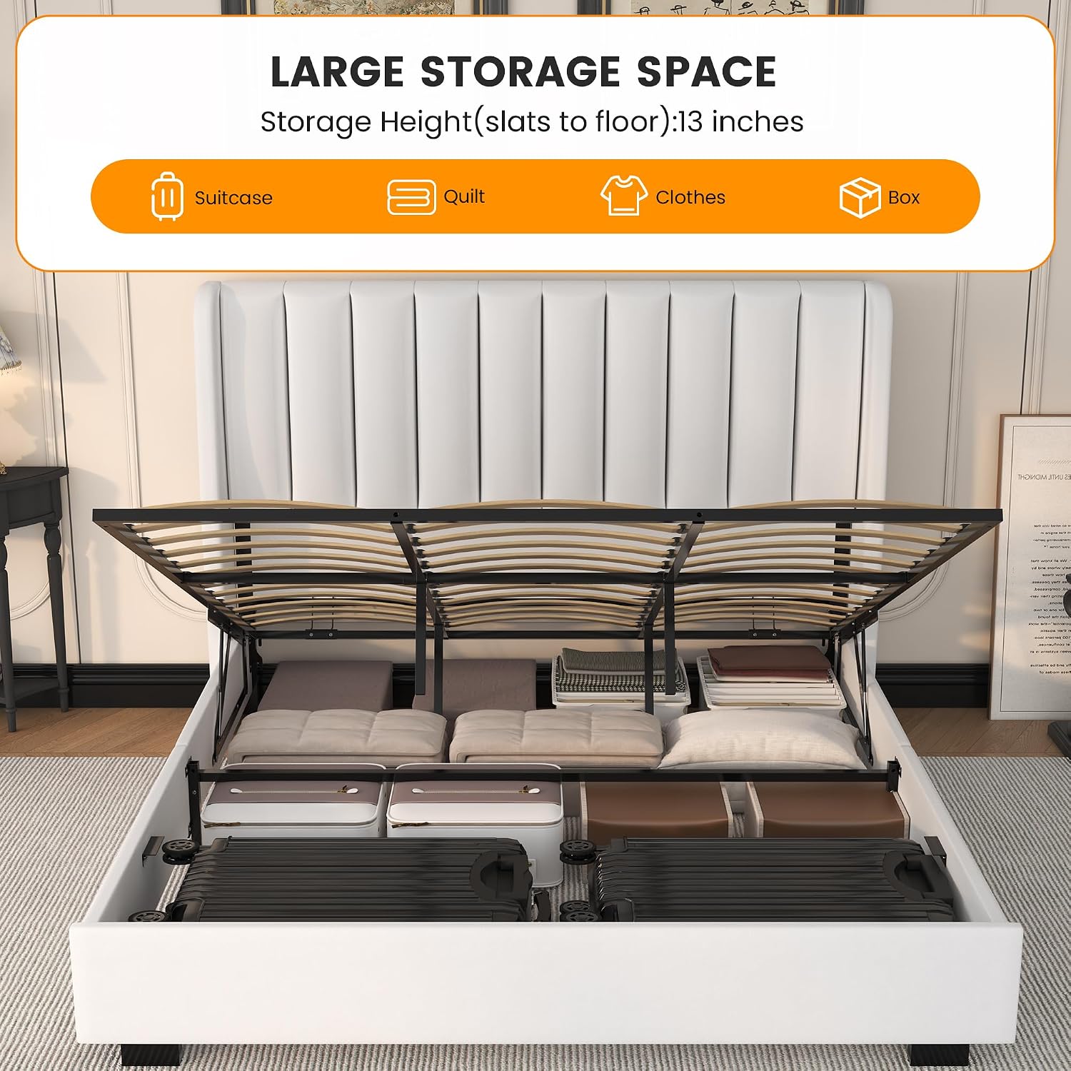 UNIQUITE King Size Lift Up Bed Frame, 51" Tall Headboard Bed Frame with Storage Underneath, Velvet Wingback Design, No Box Spring Required, Wood Slats Support, Noise-Free Bed (King,White)