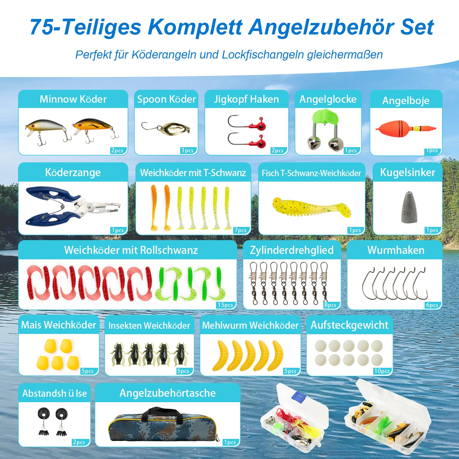Angelset für Kinder, 2 Stück 1,8m Kinderangel Starter Set, Kohlefaser Teleskop Angelruten mit 5.2:1 Spinnrolle, Angelset Komplett Anfänger mit Köder, Angelzubehör Tragetasche, Süßwasser & Salzwasser