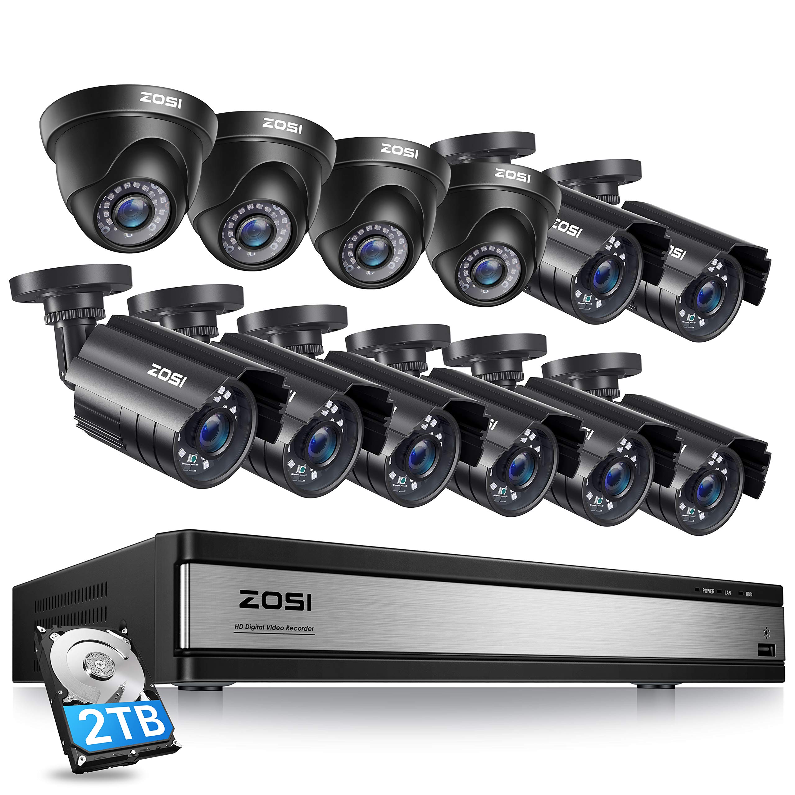 ZOSI 16CH 1080P Security Camera System with 2TB Hard Drive,H.265+ 16Channel 1080P HD-TVI DVR with 12PCS 1080P Outdoor Indo...