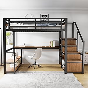 Cama alta de metal de 140 x 200 cm con escalera de almacenamiento con estantes y mesa, diseño de valla de seguridad con tablones de metal empalmados, cama alta de hierro con marco de metal para un