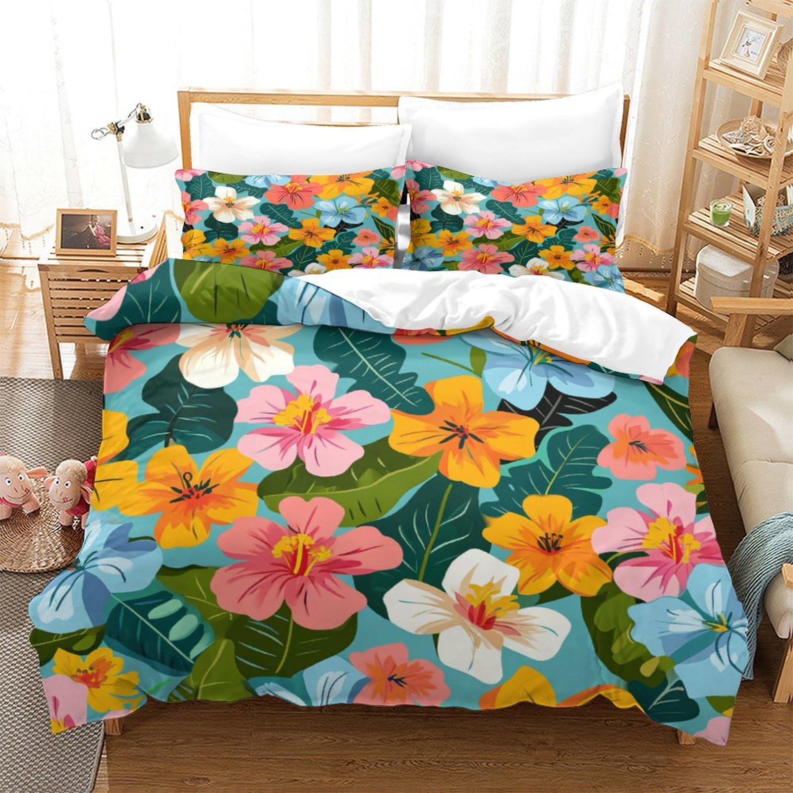 Colourful Flower Patterns 3Pcs Bedding Set Printed Quilt Cover,3D Duvet Cover for Boys Adult, Microfibre, with Pillowcases Easy Care Microfiber Comforter Cover Hidden Zipper Super King（260x220cm）
