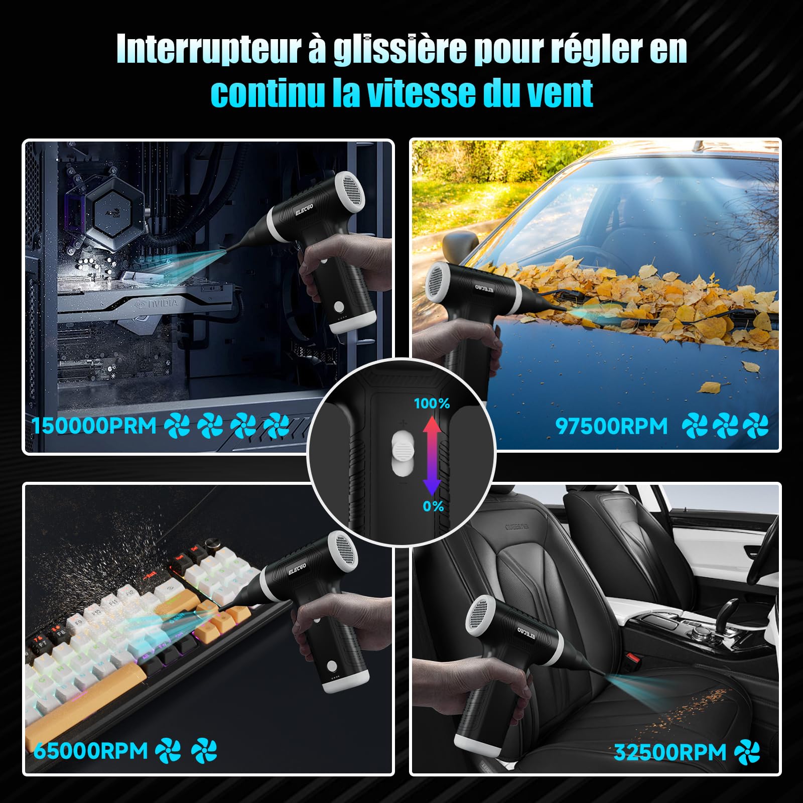 Soufflette Air Comprimé et Aspirateur 2 en 1, 150000 TR/Min Cordless Air Duster, 9000pa Aspirateur électrique avec moteur sans balais, vitesse réglable, Dépoussiérant pour Nettoyage PC, Voiture