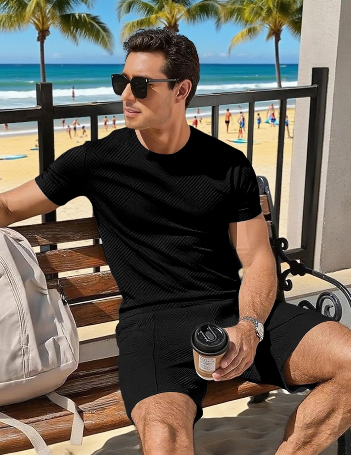 Mens Track Suits 2 Piece Set T Shirts Shorts Sets Fashion Retro Textured Sweatsuit Vacation Cruise Outfits - Image 5