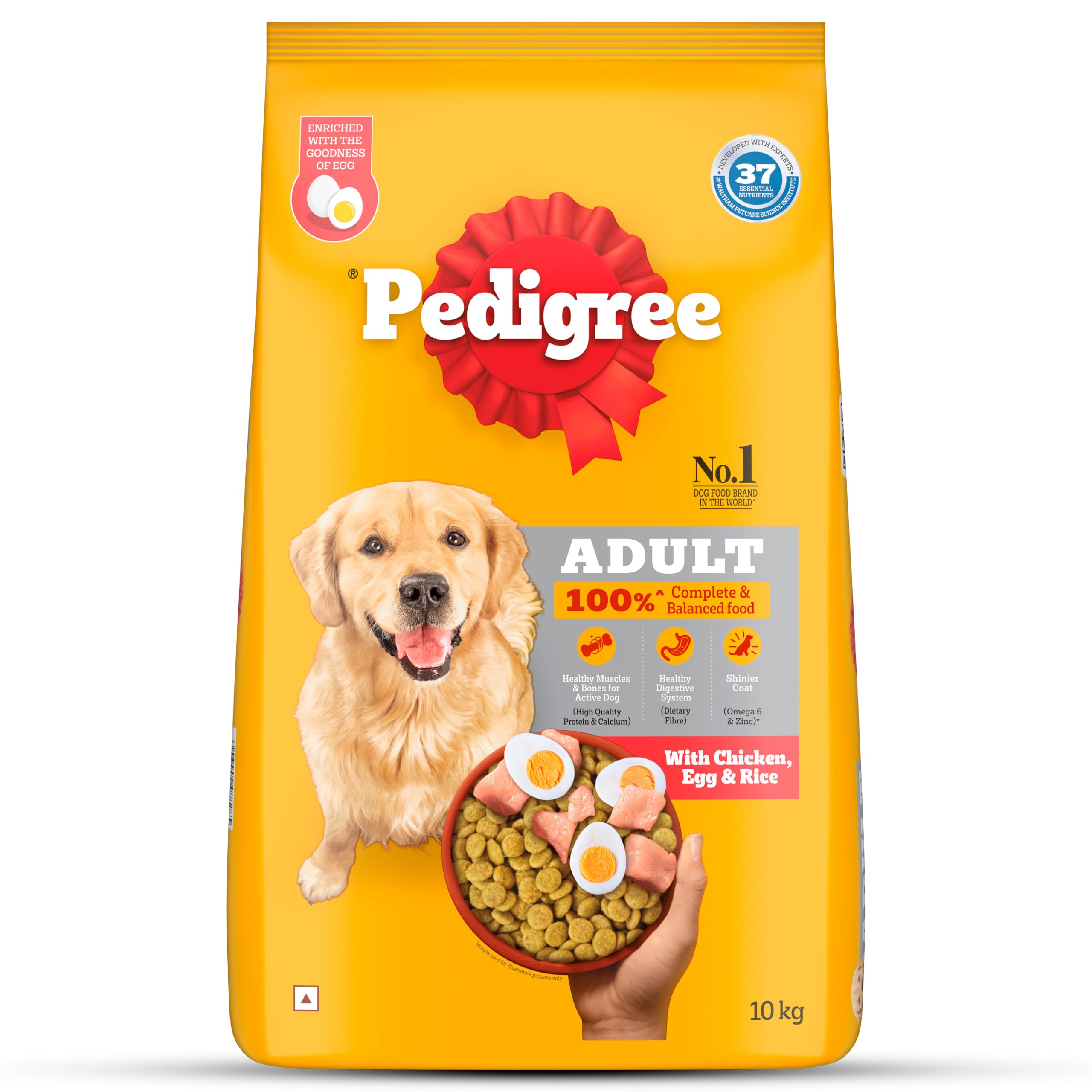 Pedigree Adult Dry Dog Food, Chicken, Egg Rice, 10 kg, Contains 37  Essential Nutrients, 100% Complete Balanced Food for Adult Dogs