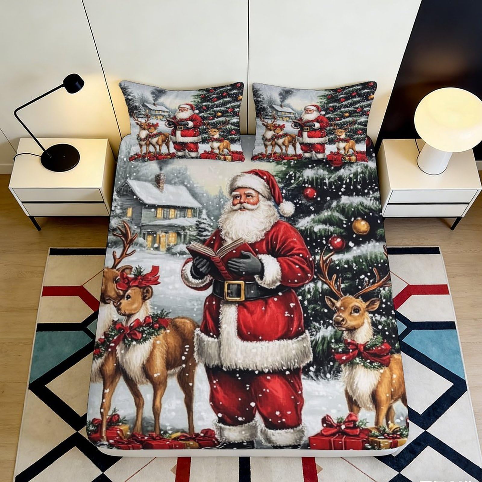 3D Printed Santa Claus Reindeer Fitted Sheet Microfiber Deep Pocket Bedding Christmas Mattress Fitted Cover Non-Slip Washable 140x200x25cm