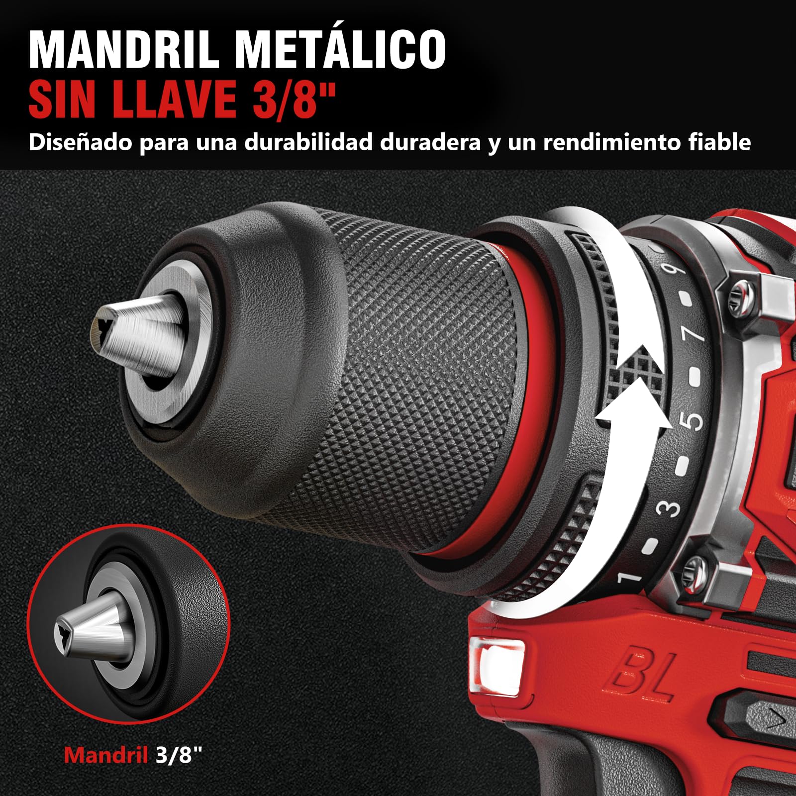 Taladro inalámbrico Alloyman 20V MAX, motor brushless, 1800 RPM, torque máximo 60 Nm, mandril metálico sin llave 3/8", 21+1 niveles de torque, para hormigón, metal y madera