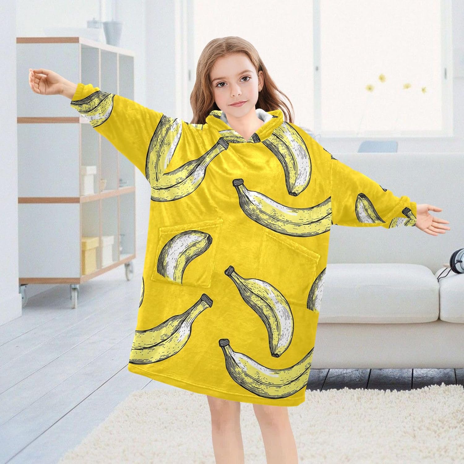 Banana Fruit Kids Wearable Blanket Hoodie with Pocket and Sleeves for Toddlers, Cute Hoodies Girls Boys B0403930