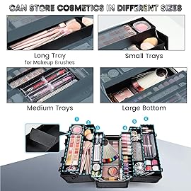 FRENESSA Makeup Case Extra Large Makeup Train Case 12.6 Inch Makeup Box Organizer Profressional Make Up Cases Storage Cosmetic Artist Travel Case with Divider Shoulder Strap Hard Vanity Dark Black