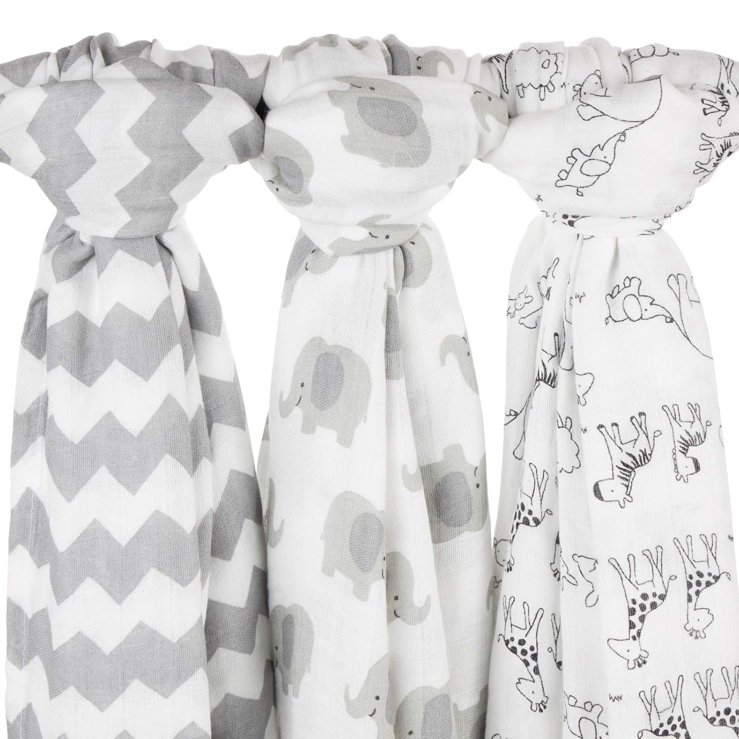 Babebay Baby Swaddle Blanket, Unisex Bamboo Muslin Swaddle Blankets, Soft Silky Swaddling Blankets Wrap for Boys and Girls,Large 47 x 47 inches, Set of 3 -Adorable Elephant Theme
