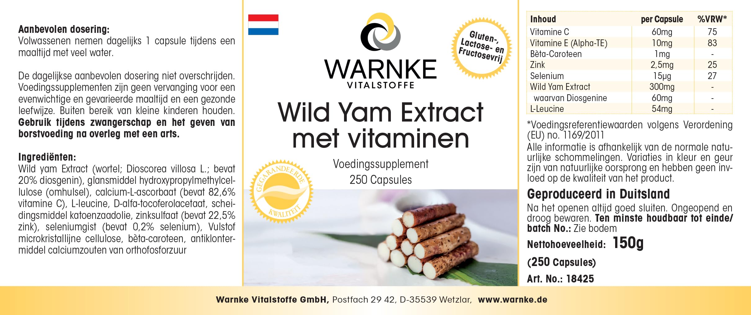 Igname Sauvage - Extrait - 250 gélules- Végétarien - 20% de diosgénine, vitamine C et E bêta-carotine, zinc et sélénium | Warnke Vitalstoffe - Qualité des pharmacies allemandes