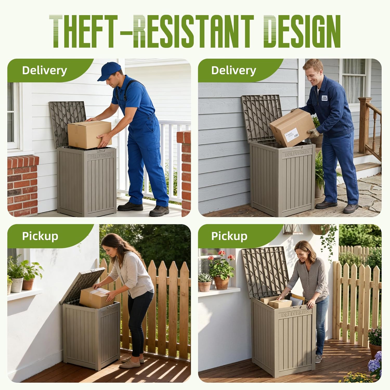 56 Gallon Secure Parcel Deck Box, Waterproof Package Delivery Box Outside Lock Mail Box for House Porch, Heavy Resin Storage (Light Brown)
