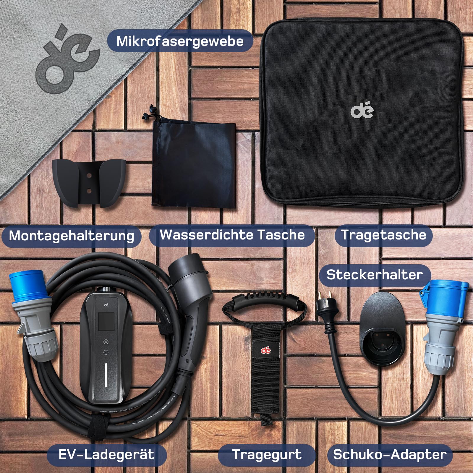 dé Ladekabel Typ 2 CEE Stecker 7,4kW [1-phasig|10m|6-32A] mit Einstellbarer Ladeleistung, EV-Ladegerät und Mobile Ladestation/Wallbox für ID.3, ID.4, ID.5, Model Y / 3, e-up, e-tron, Zoe und andere EV