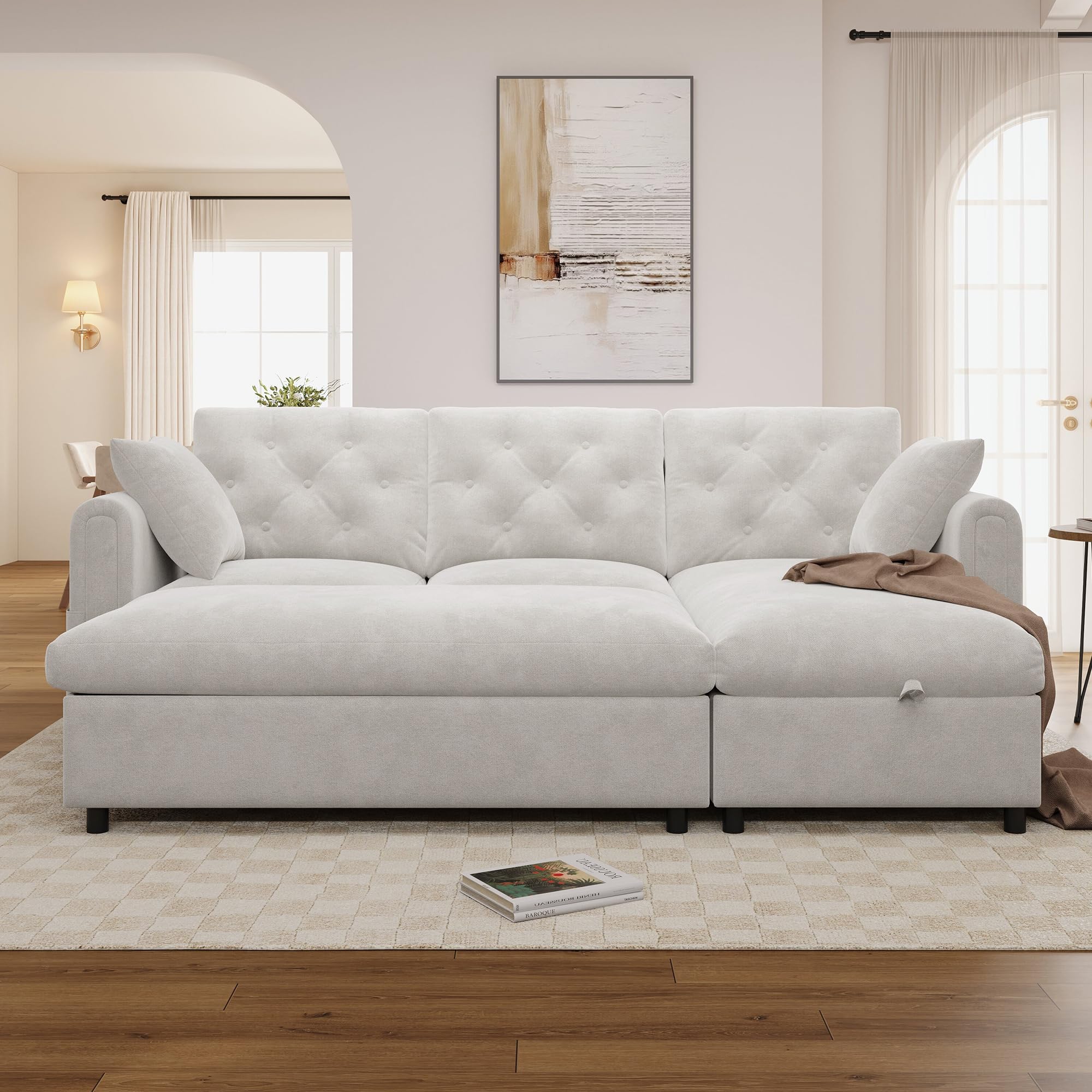 Moimhear Sofá de terciopelo con chaise longue intercambiable, color beige, 219 x 131 x 86 cm, reposapiés, bolsillos para revistas, cierre con botones