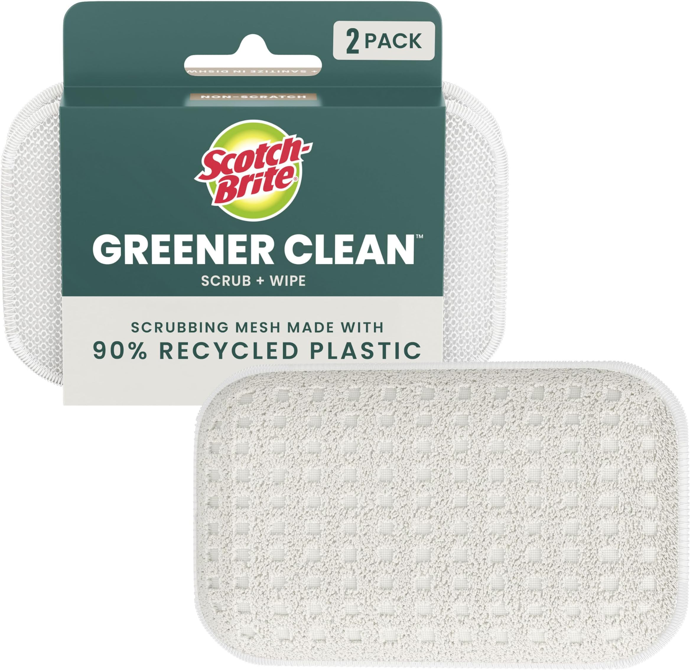 Scotch-Brite Greener Clean Dual Action Scrub & Wipe, Dish Cloth, 2 Pack | 2 Flexible Dish Cloths for Washing Dishes and Kitchen, Safe on Nonstick Pots and Pans, Glassware, China, Tubs & Tile