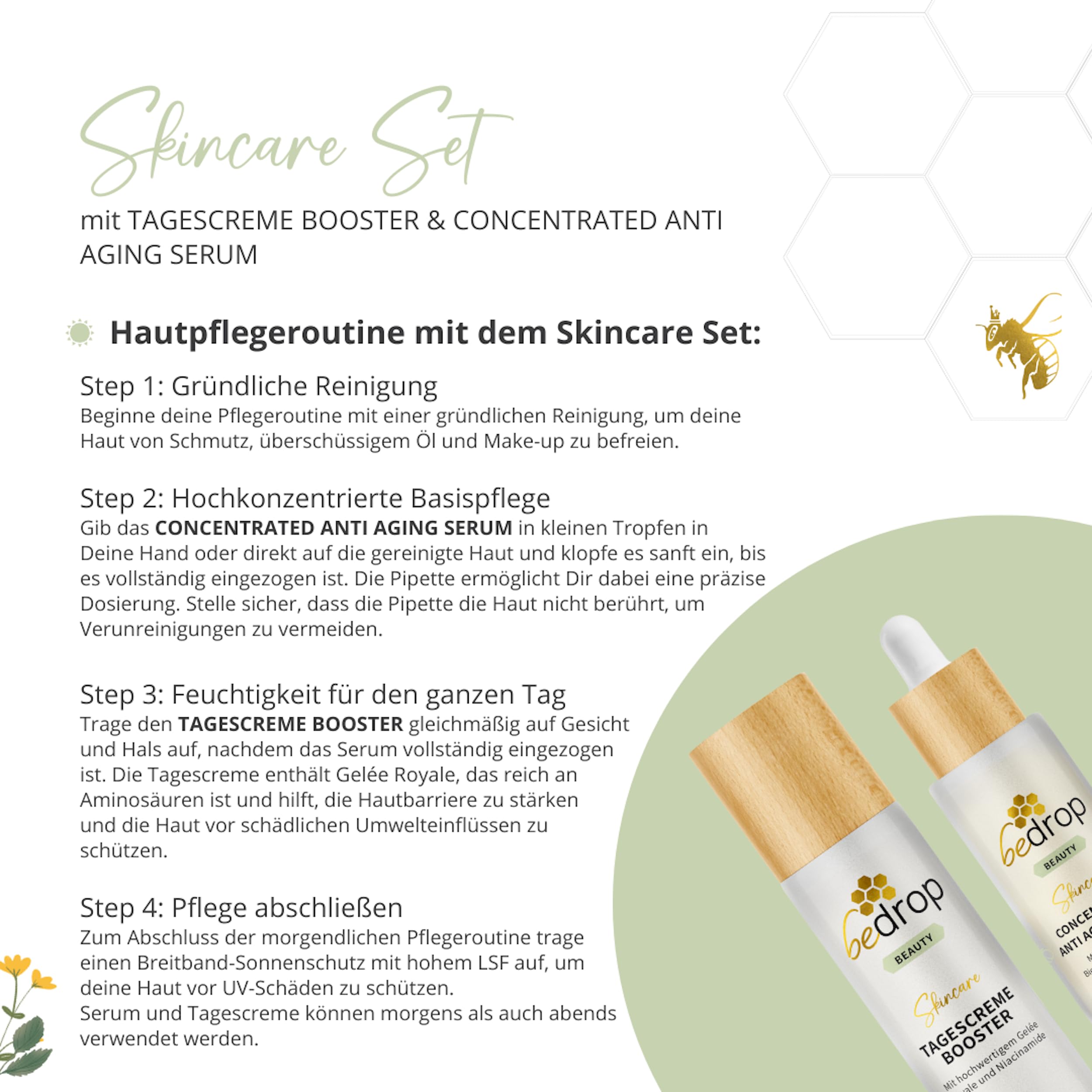 bedrop Skin Care Set - Concentrated Anti Aging Bienengift Serum & Tagescreme Booster Gesichtscreme im Set - Bei Falten für Gesichtspflege