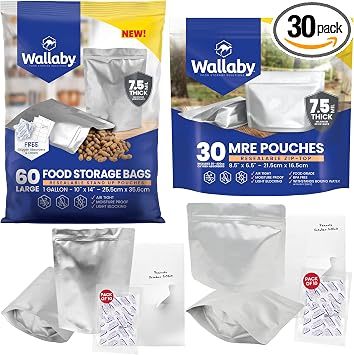Wallaby MRE Mylar Bag Bundle - 30x 7.5 Mil - 6.5" x 8.5 Stand-Up Zipper Pouches, 30x 400cc Oxygen Absorbers and 60x Wallaby 1-Gallon Gusset Mylar Bag Bundle - 7.5 Mil - 10" x 14"