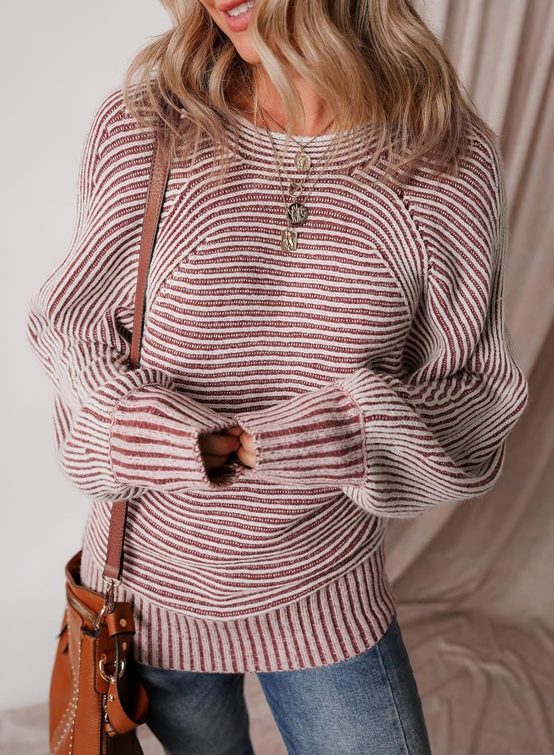 EVALESS Striped Sweaters for Women Boat Neck Batwing Sleeve Oversized Pullover Sweater Tops Womens Fall Clothes Outfits - Image 3