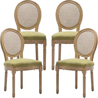 Vintage French Country Dining Chairs Set of 4, Rattan Dining Chairs with Solid Wood Legs, 4 Dining Chair Set, Sillas para Comedor, Kitchen & Dining Room Chair (Olive Green, Rattan, 4Pcs)