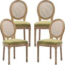 French Country Dining Chairs Set of 4, Olive Cane Back Rattan Dining Chairs with Linen Upholstered Seat, Solid Wood Legs, Farmhouse Kitchen & Dining Room, Sillas De Comedor Green, 4Pcs