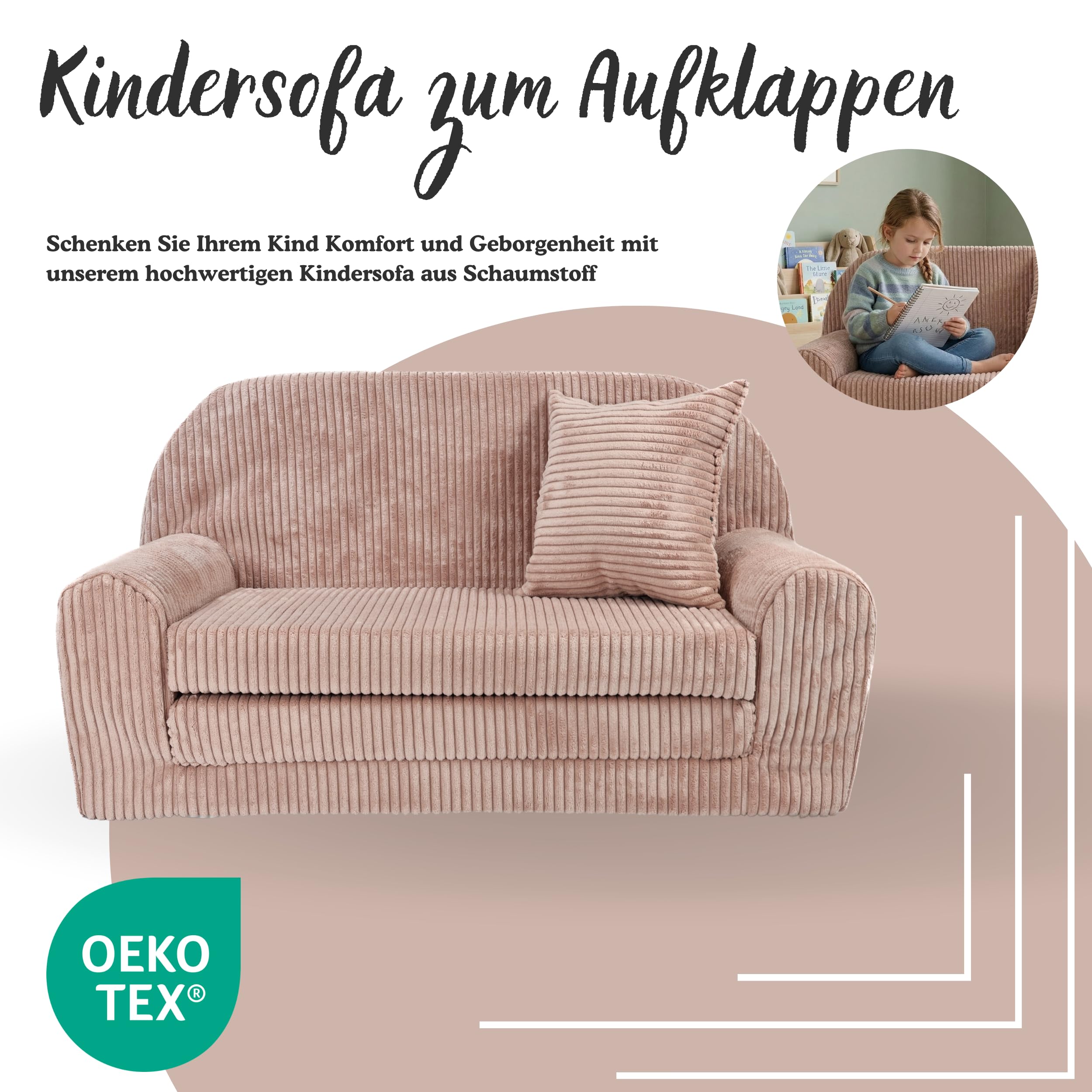 FORTISLINE Kindersofa ausklappbar 78x45x40 cm - Kindercouch aus Cord mit Liegefläche 104 cm, Mini Sofa für Kinderzimmer, Abnehmbarer waschbarer Bezug, Oeko-TEX Standard 100