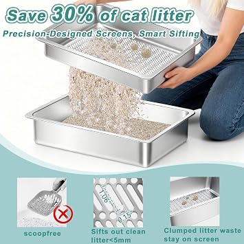 Stainless Steel Sifting Cat Litter Box for Clumping Litter, Large Metal Cat Litter Box with Sifter Litter Tray and Cat Litter Bag,Odor Control, Easy to Clean(19.7x13.7x5.9)