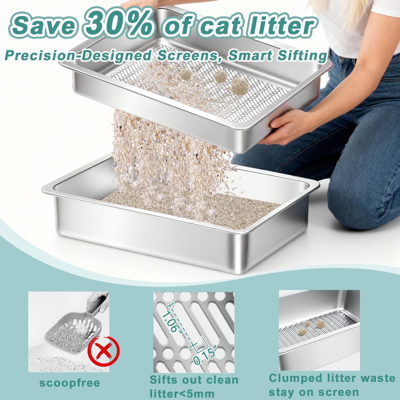 Stainless Steel Sifting Cat Litter Box for Clumping Litter, Large Metal Cat Litter Box with Sifter Litter Tray and Cat Litter Bag,Odor Control, Easy to Clean(19.7"x13.7"x5.9") - image 2