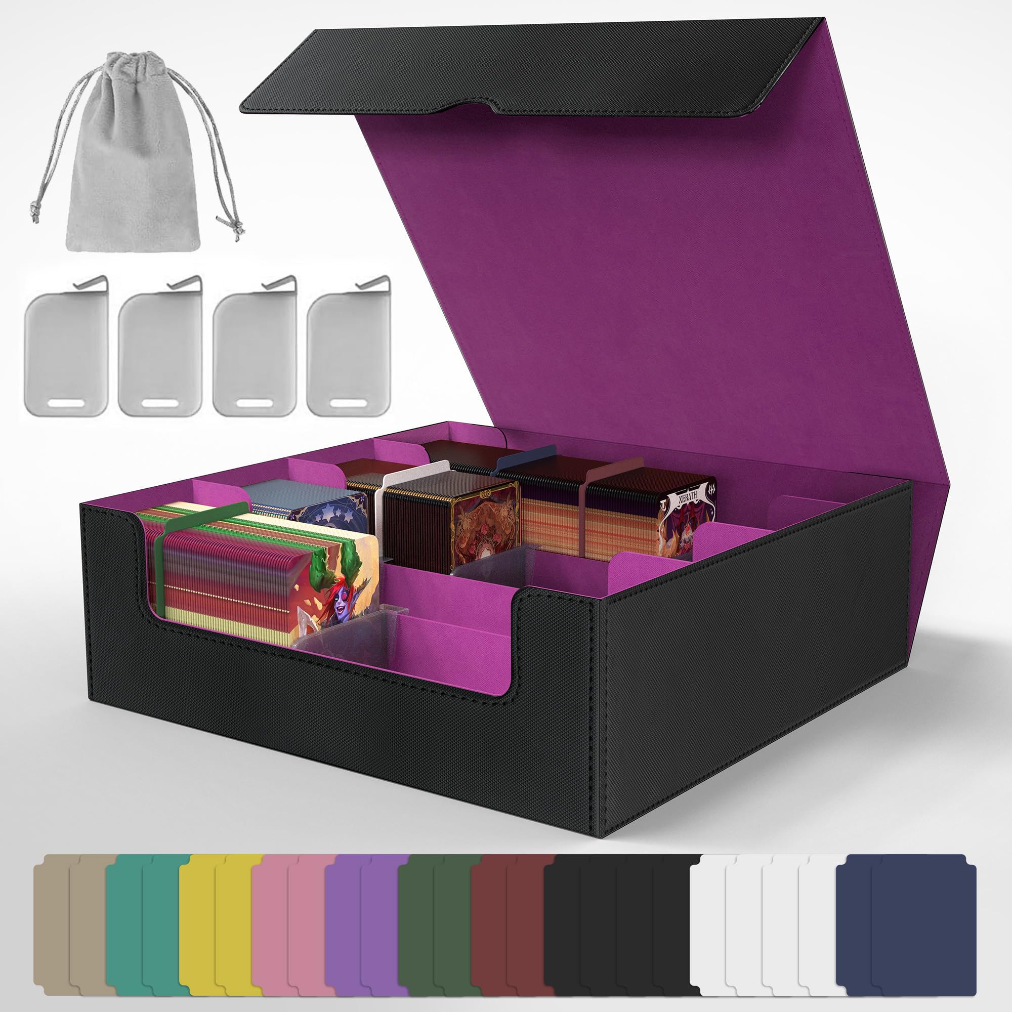 3200+ Capacity Trading Card Storage Box, Holds 3.7in Cards MTG Commander Deck Box with 24 Color-Coded Dividers & 4 Reinforced Supporters, Thick Card Organizer Fit for Magic, TCG, YuGiOh, Sports Cards