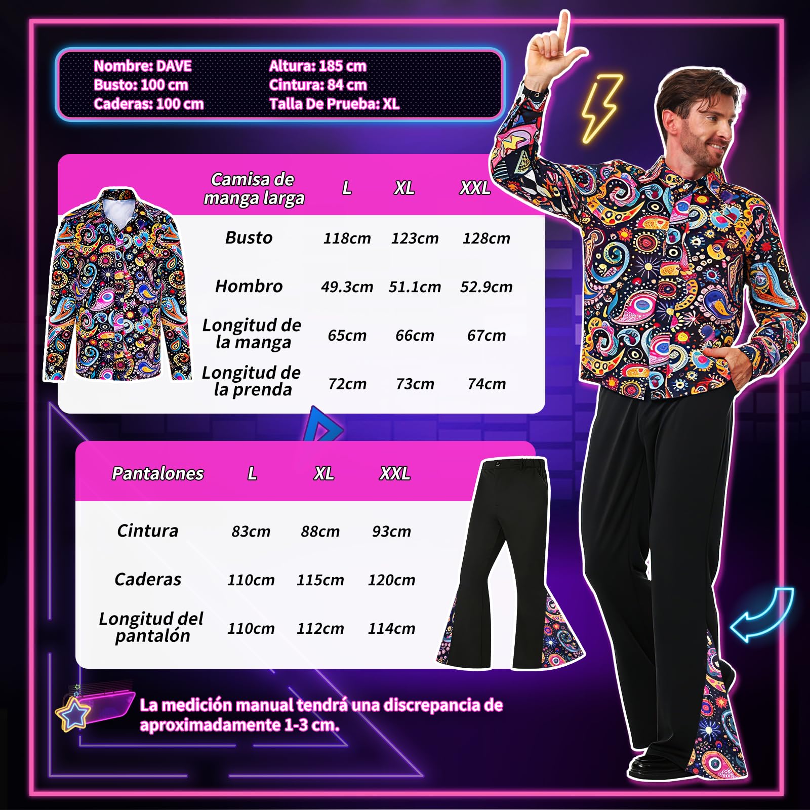 PATEMZON Disfraz de los años 70 para Hombre, Camisa hawaiana, Disfraz Hippie para Hombre, Pantalones de Bateo, Peluca, Cinturón, Gafas, Barba y Cadena de Oro, Disfraz Hippie de Carnaval