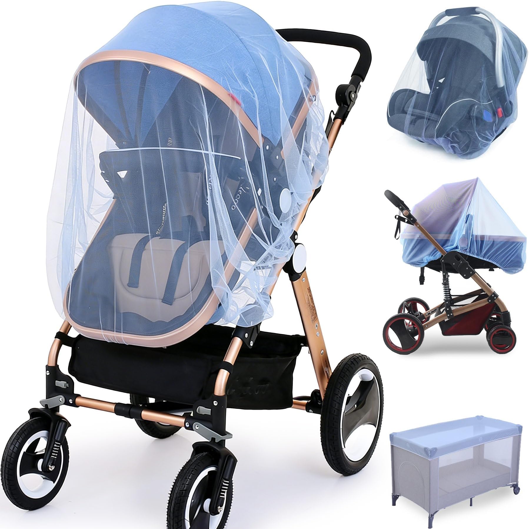 Durable Baby Stroller Mosquito Net (2 Pack) - Perfect Bug Net for Strollers, Bassinets, Cradles, Playards, Pack N Plays and Portable Mini Crib (Blue)