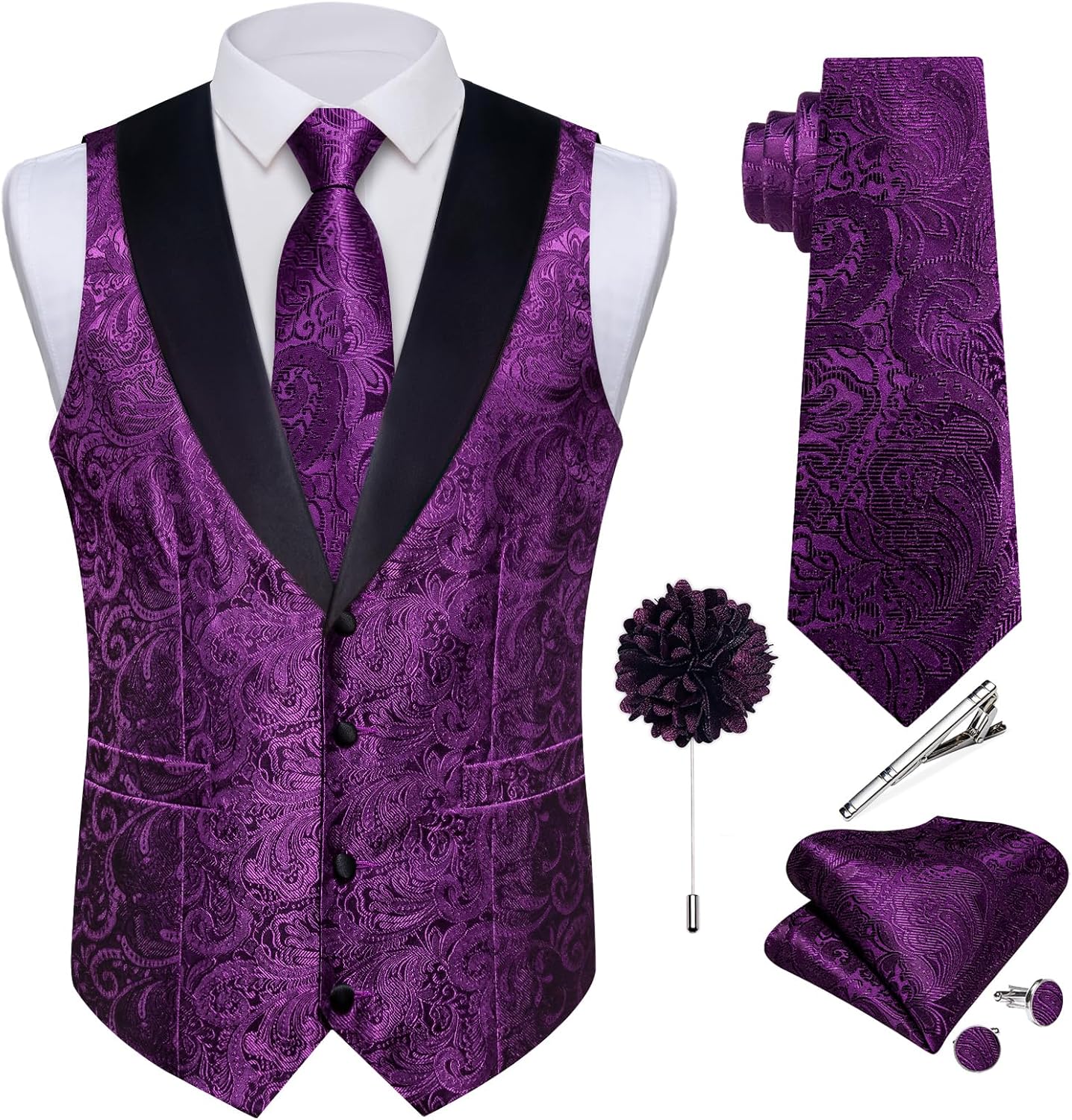DiBanGu Mens Silk Vest and Tie Set 7PCS Paisley Suit Waistcoat and Necktie with Lapel Pin for Wedding Shawl Collar Dress Vest