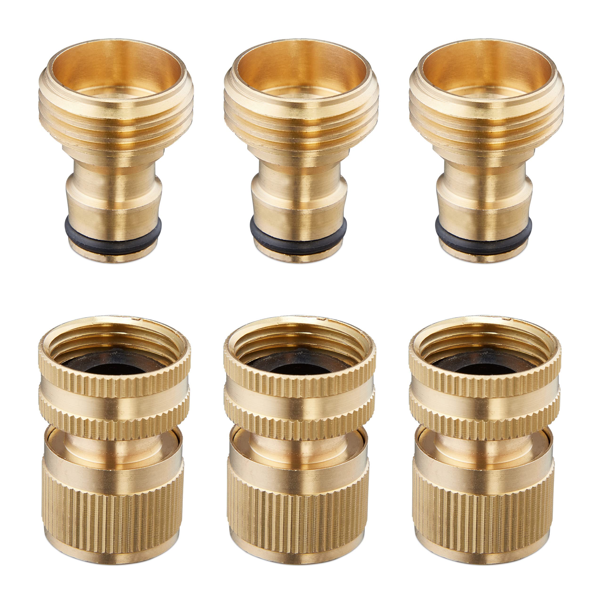 Relaxdays Adaptadores de Manguera de Jardín, Pack de 3, 3/4 Pulgadas, Latón, Acoplamientos Rápidos y Conexiones, Dorado