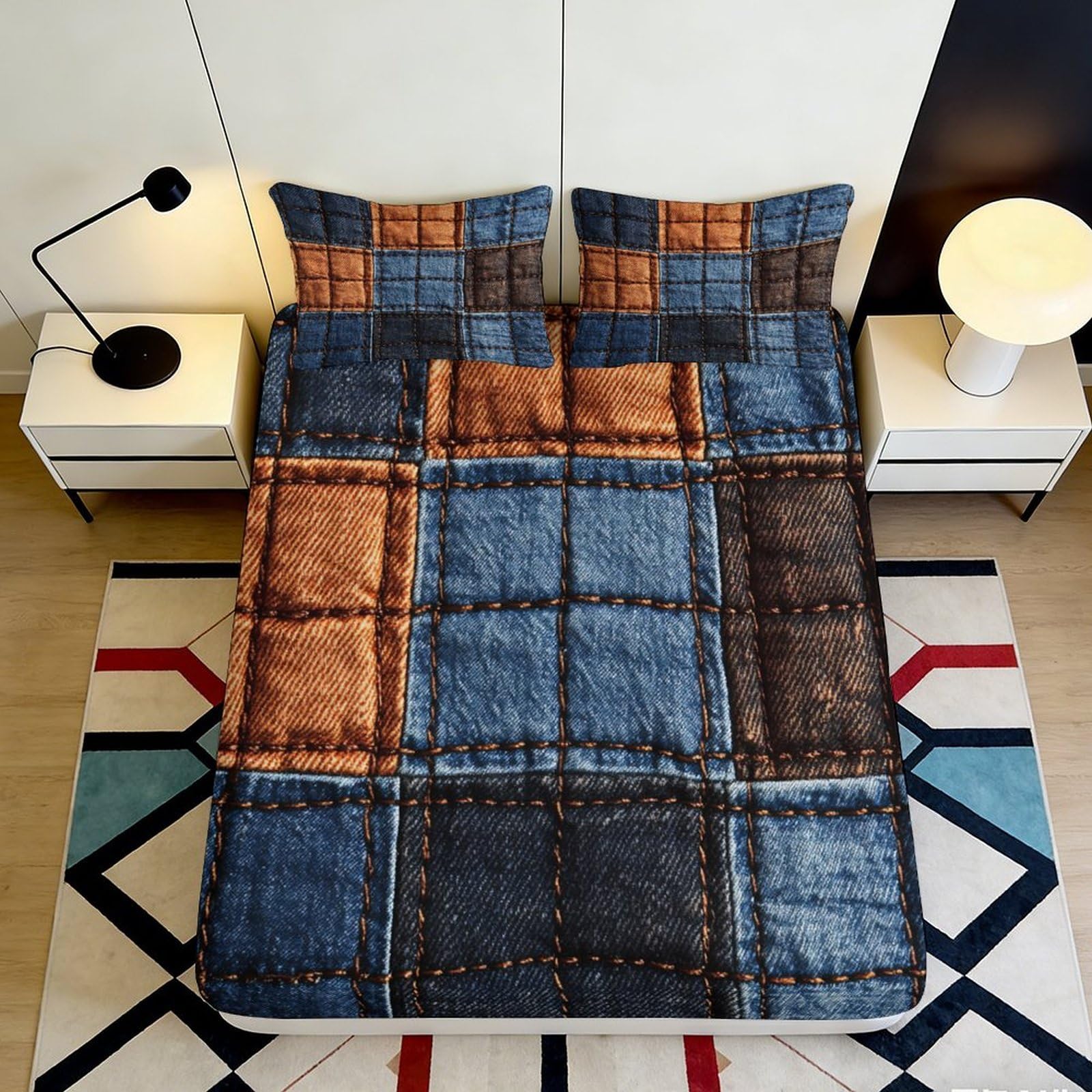 3D Printed Plaid Patchwork Fitted Sheet Microfiber Soft Breathable Retro Color Block Bed Cover for Bedroom Dorm Room Decor 90x200x25cm