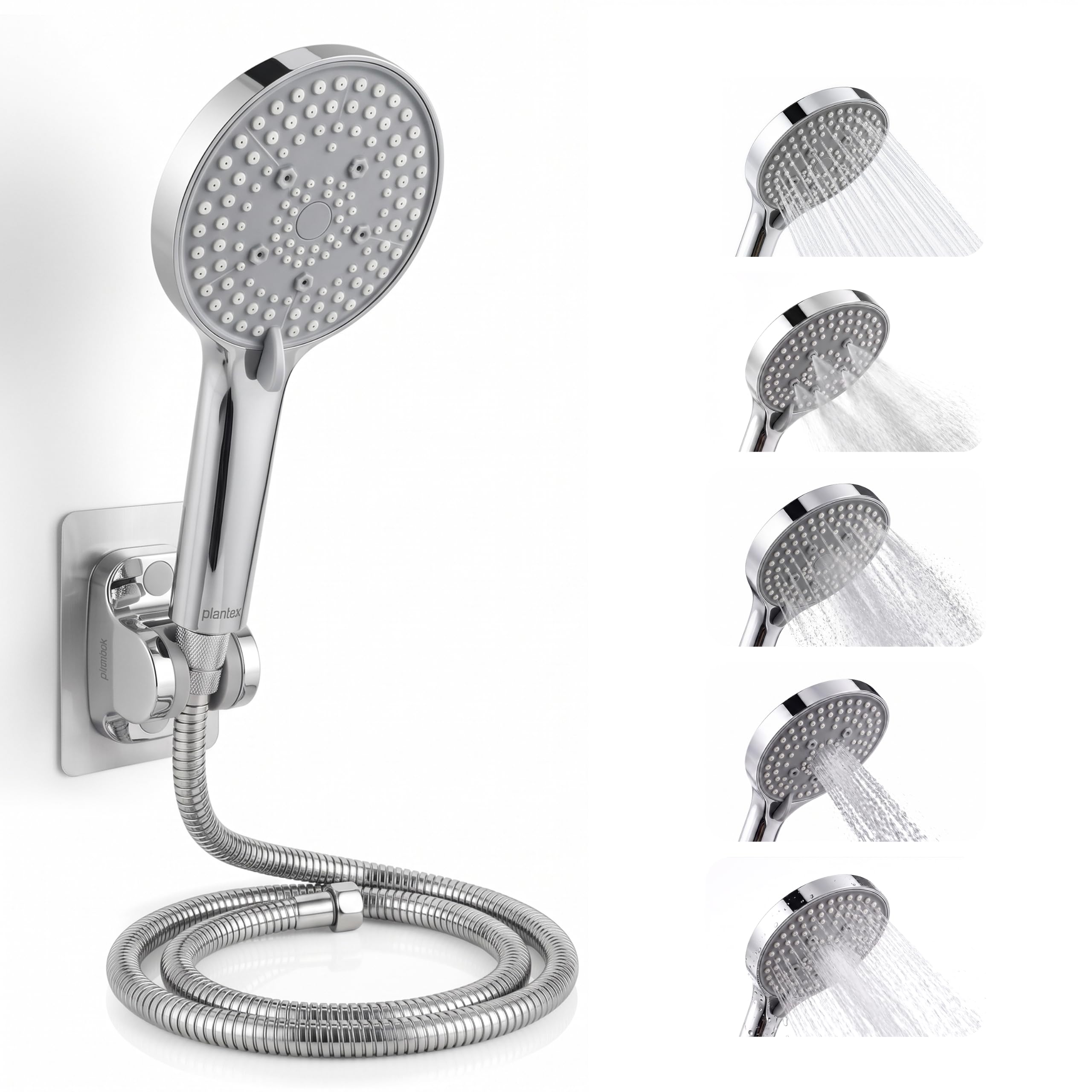 Plantex Bathroom Hand Shower Full Set/5 Mode Handheld Shower with 1.5m Hose Pipe & Self-Adhesive Shower Holder/ABS Hand Shower for Bath– (Chrome, Combo)