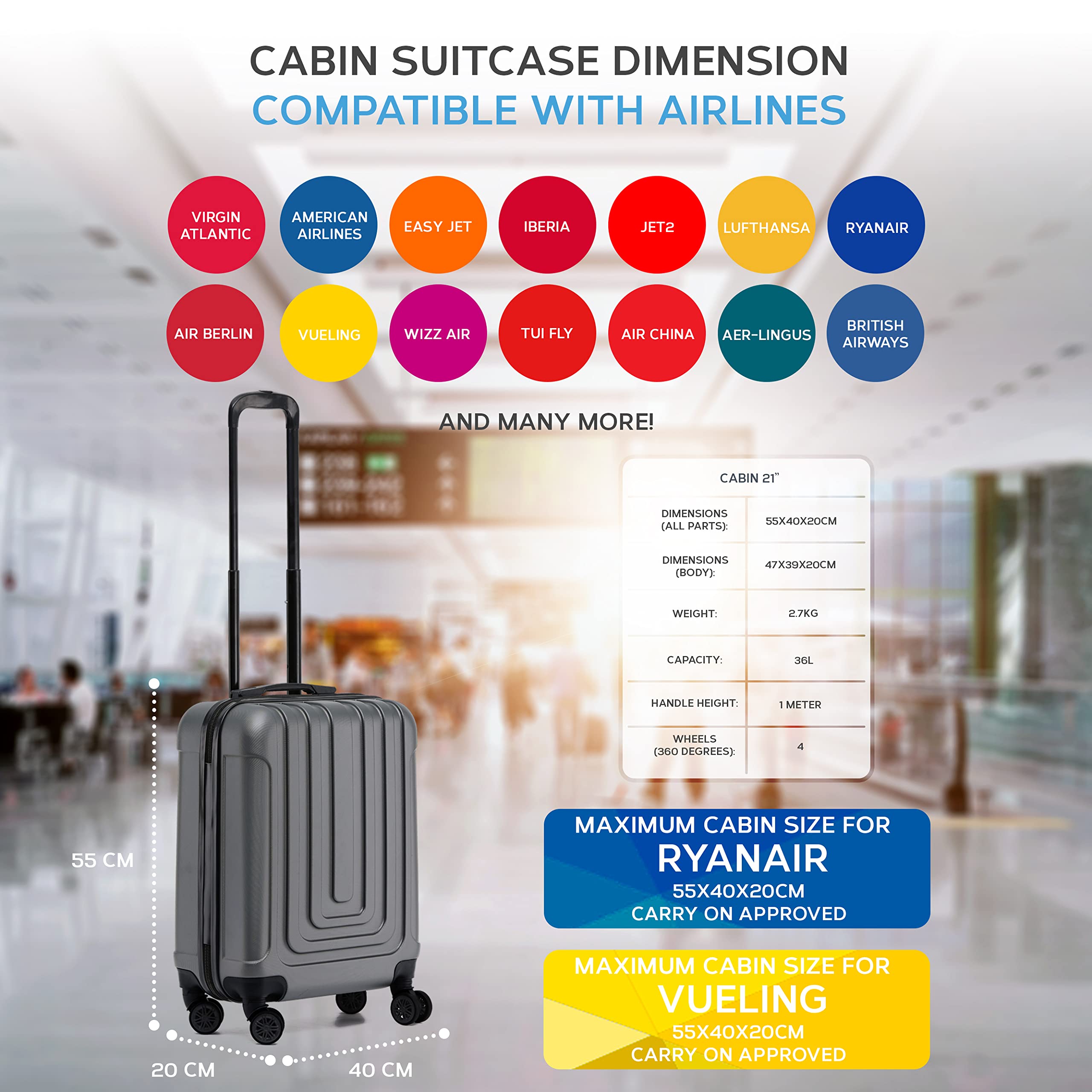 Flight Knight Premium Set of 2 Lightweight Cabin Suitcase - 8 Spinner Wheels - Built-in TSA Lock & USB Port - Luggage Approved for Over 100 Airlines Including Ryanair Priority - 55x40x20cm