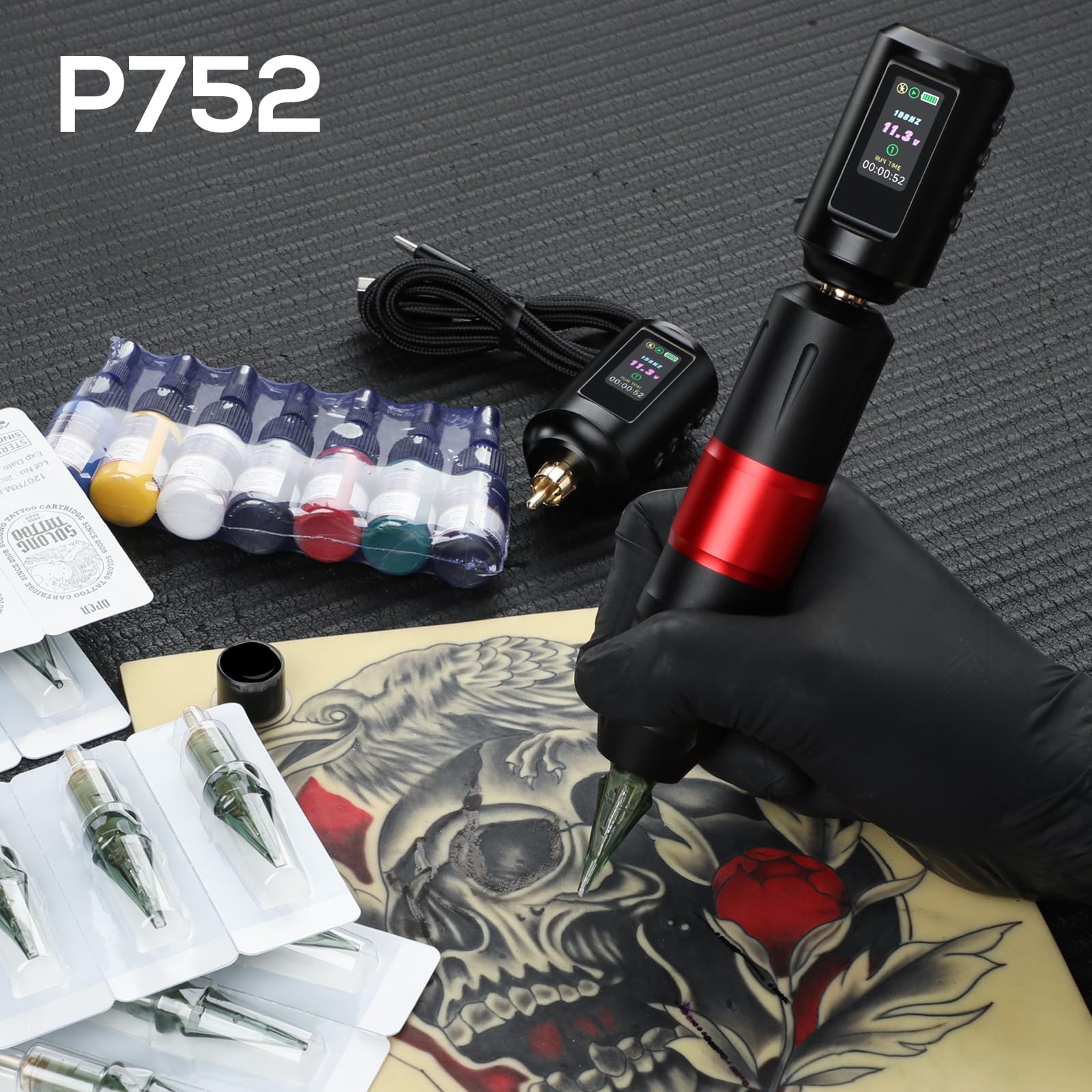 Kit de Máquina de Tatuar Solong 20 agujas para tatuajes, 7 botellas de tinta, 2 baterías de 1800 mAh, kit completo de tatuaje para principiantes y profesionales EF-TKP752AEU-2