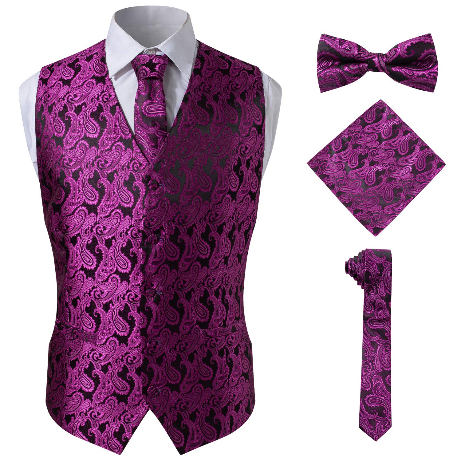 Mens 4pc Classic Paisley Suit Vest Set Necktie Bowtie Hanky for Tuxedo-image-30