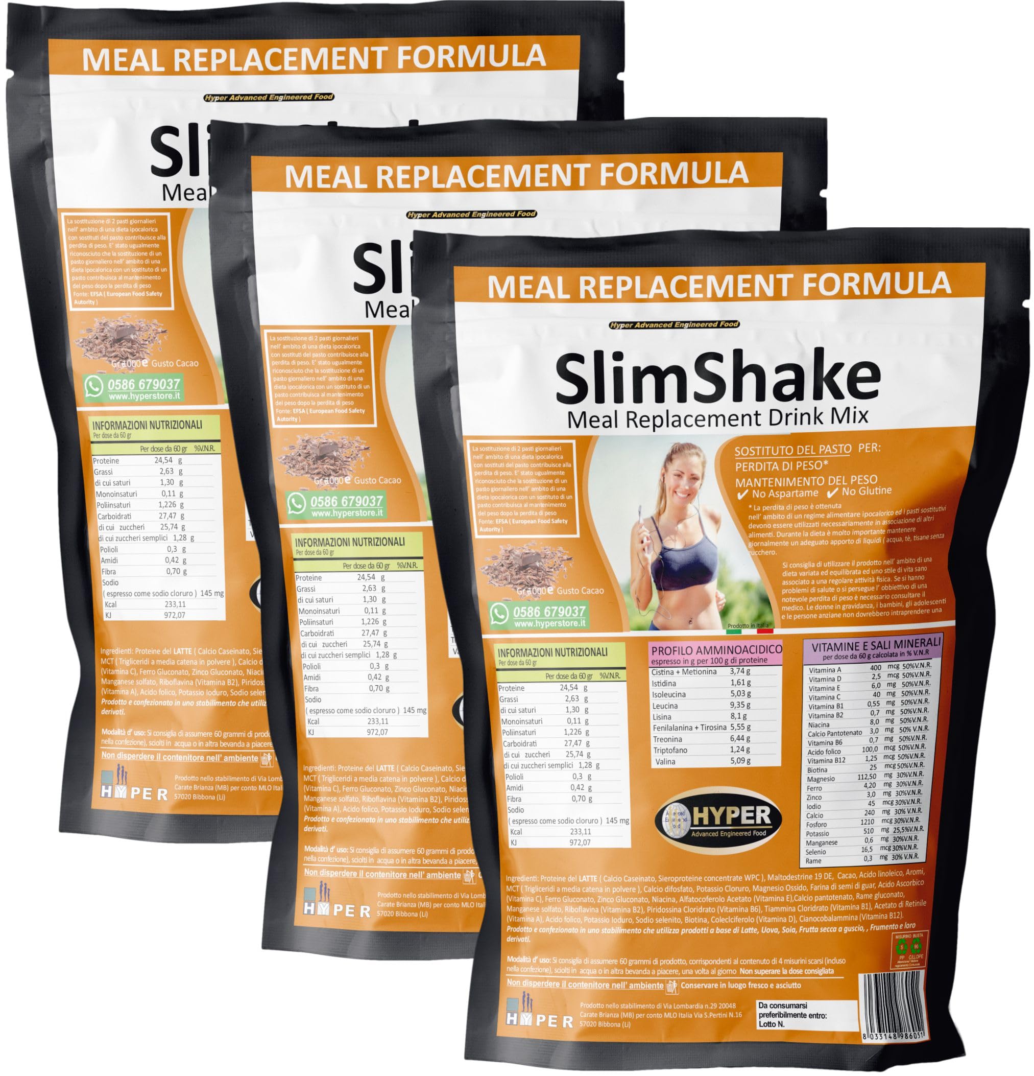 Hyper Slim Shake - Sostituto Pasto Dimagrante gr 3000 Gusto Cacao - Pasto Sostitutivo Dimagrante per Frullati e Shakes Proteici Ideale per Perdita e Controllo del Peso Forma. Made in Italy