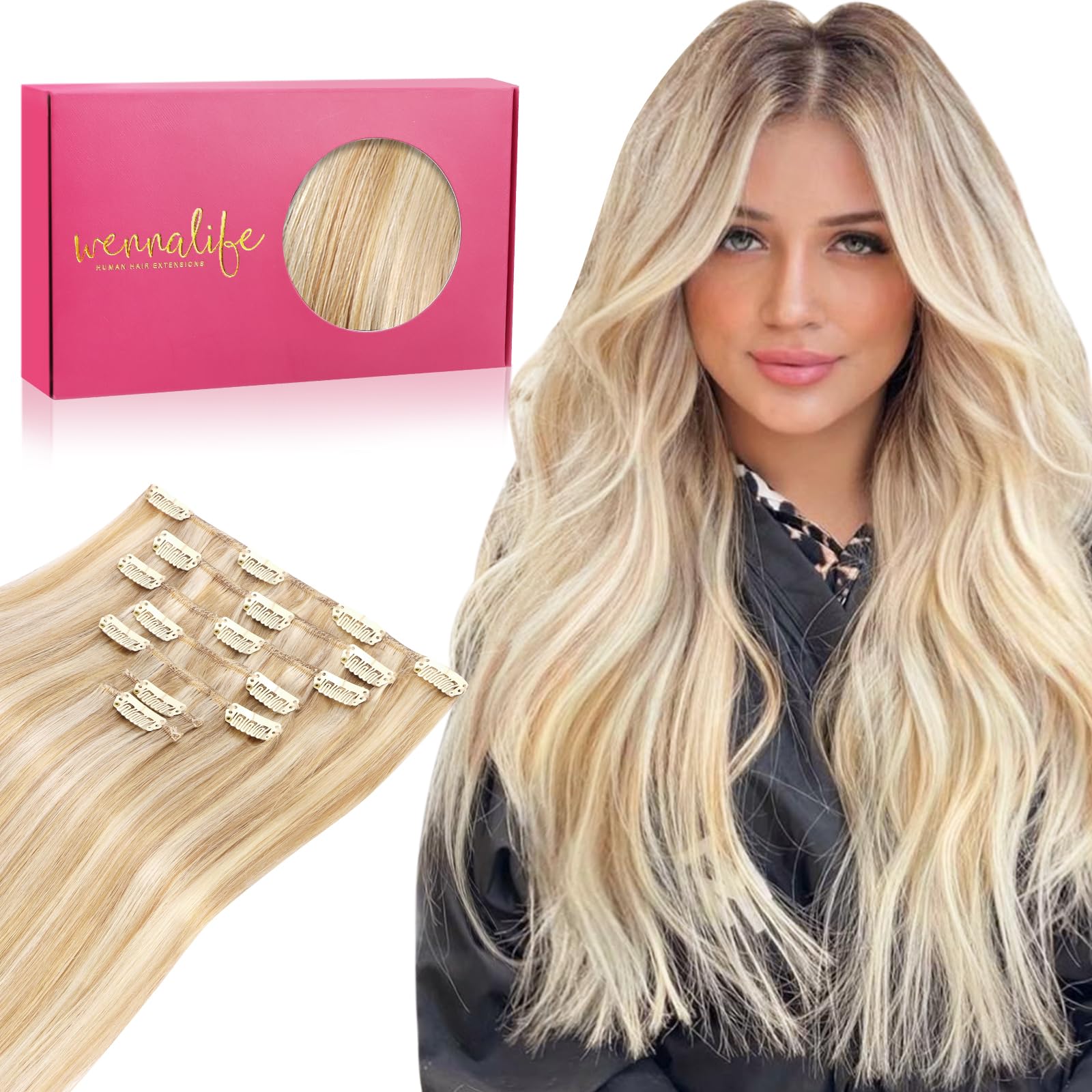 WENNALIFE Clip in Hair Extensions Human Hair 22 Inch 120g 7pcs Dirty Blonde Highlighted Bleach Blonde Hair Extensions Clip in for Women Real Human