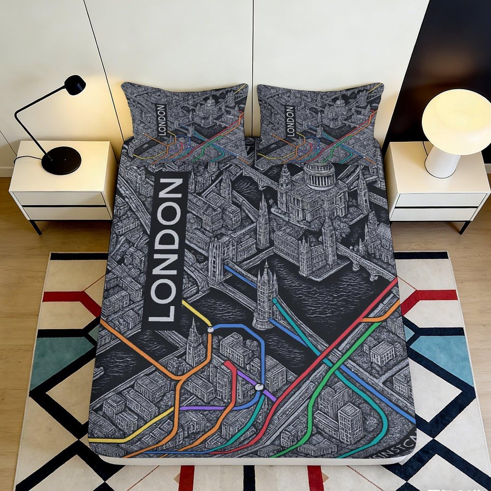3D Printed London City Map Fitted Sheet Microfiber Urban Subway Bed Cover for Bedroom Dorm Mattress Protection Decor 90x200x25cm