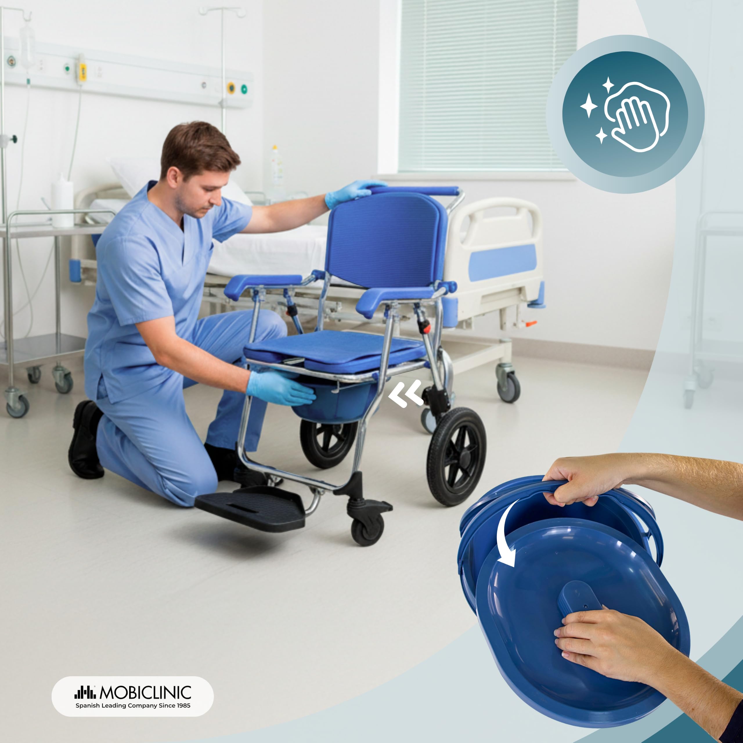 Mobiclinic®, Krzesło Prysznicowe, Składane, 3 w 1, Wyjmowane Wiadro 6,5 l, Podłokietniki i Podnóżek, Przenośna Toaleta, Kółka z Hamulcem, Antypoślizgowe, Lekkie, Aluminiowe, Babor