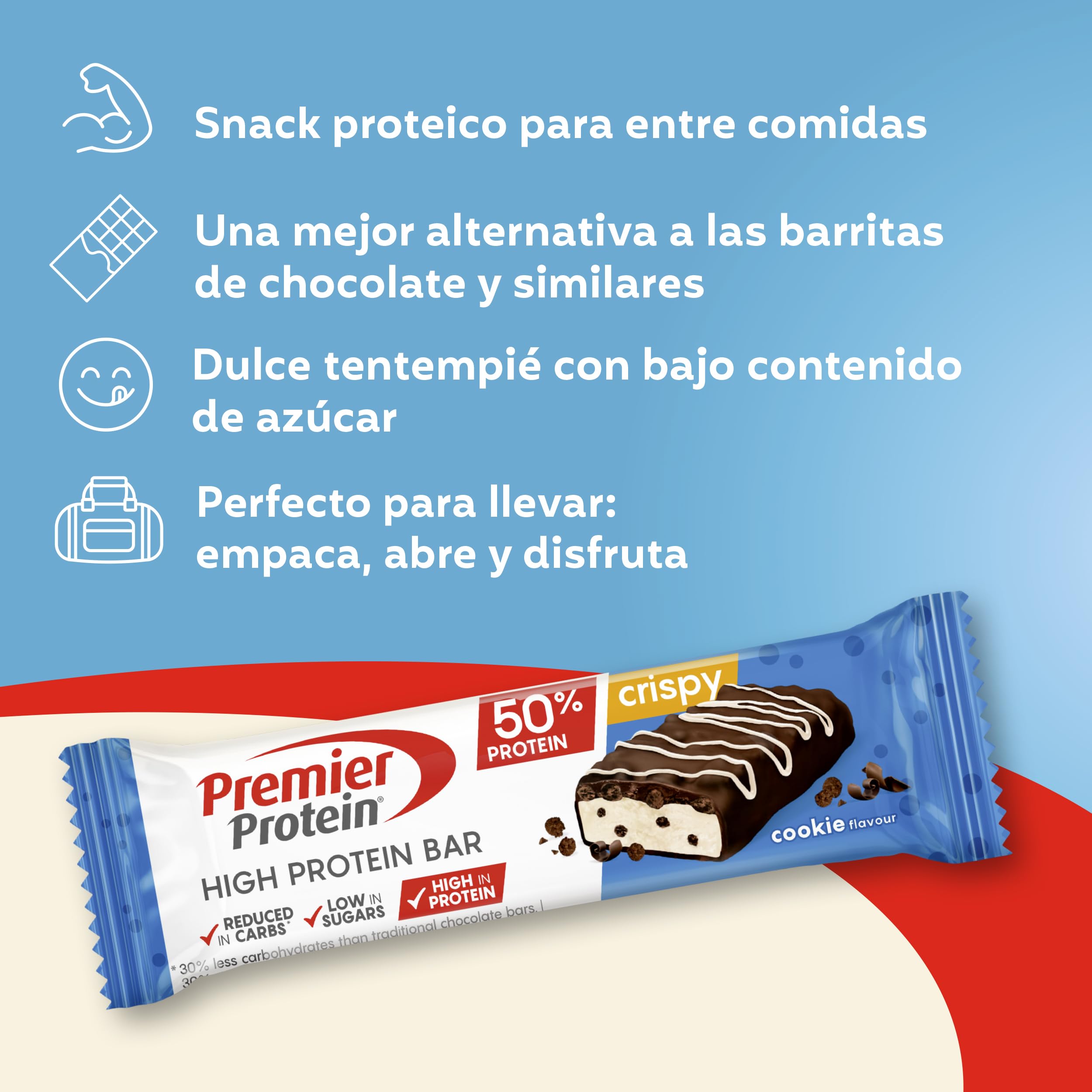 Premier Protein - High Protein Bar 50%+Crispy - Cookie - 16x40g - bajo en azúcar – baja en carbohidratos – sin aceite de palma