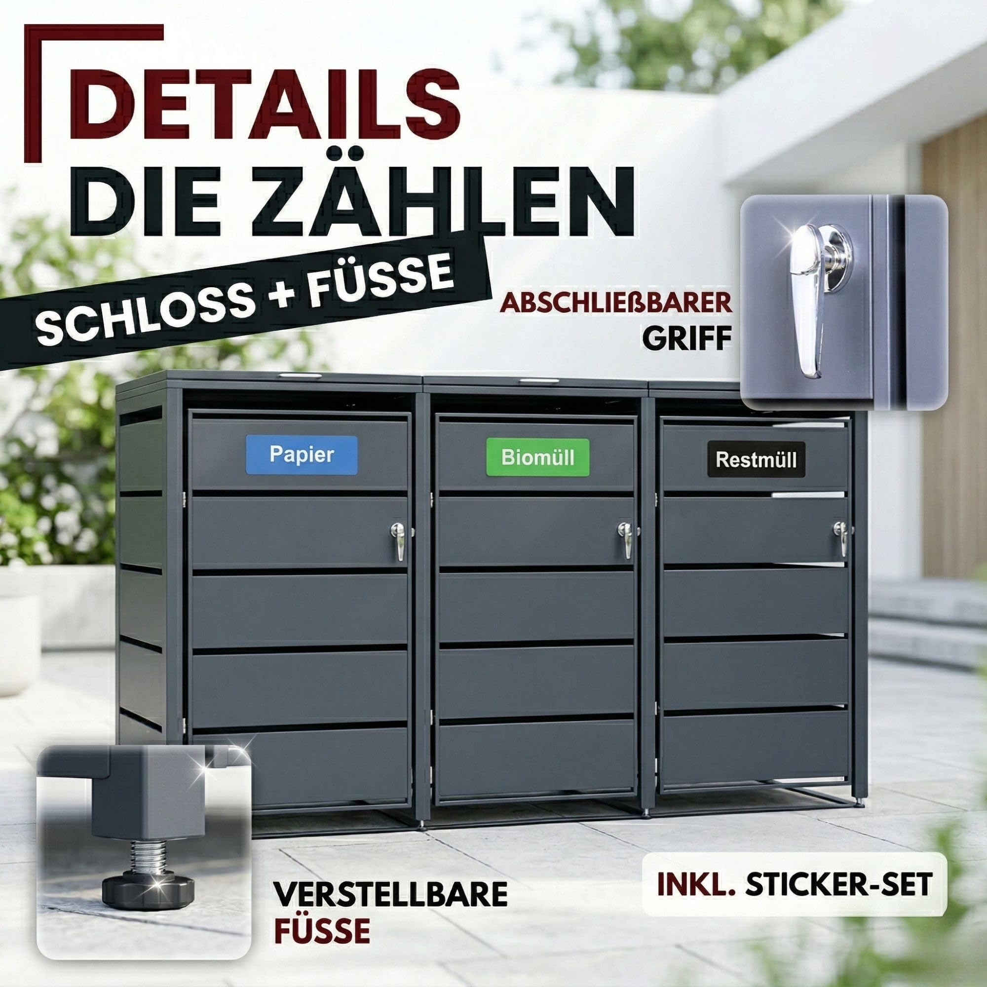 ALBATROS Mülltonnenbox 3er, 120L bis 240L, für DREI Tonnen, Mülltonnenverkleidung aus verzinkten Metall, Anthrazit Grau RAL7016, abschließbar, wetterfest, geprüft nach ISO9227, mit Aufkleber Set