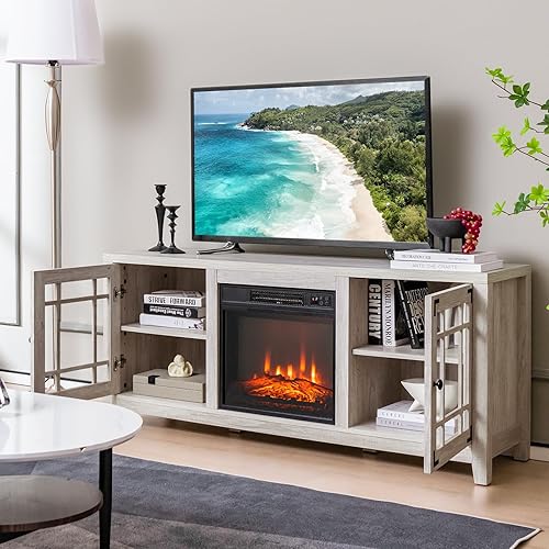 Miniatura 2 de GOFLAME Soporte de TV con chimenea de 58 pulgadas para televisores de hasta 65 pulgadas, consola de TV de madera con chimenea eléctrica de 18
